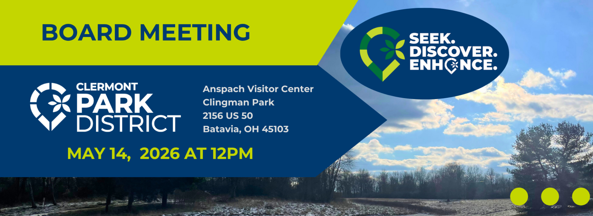 The next park board meeting will be on May 14, 2026 from 12-1pm